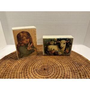 Handmade Easter Block Shelf Sitters, Gentle Lamb, Girl w/ Bunny